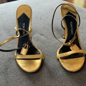 Tom Ford Gold Metallic Ankle-Strap Heels with Padlock Charm